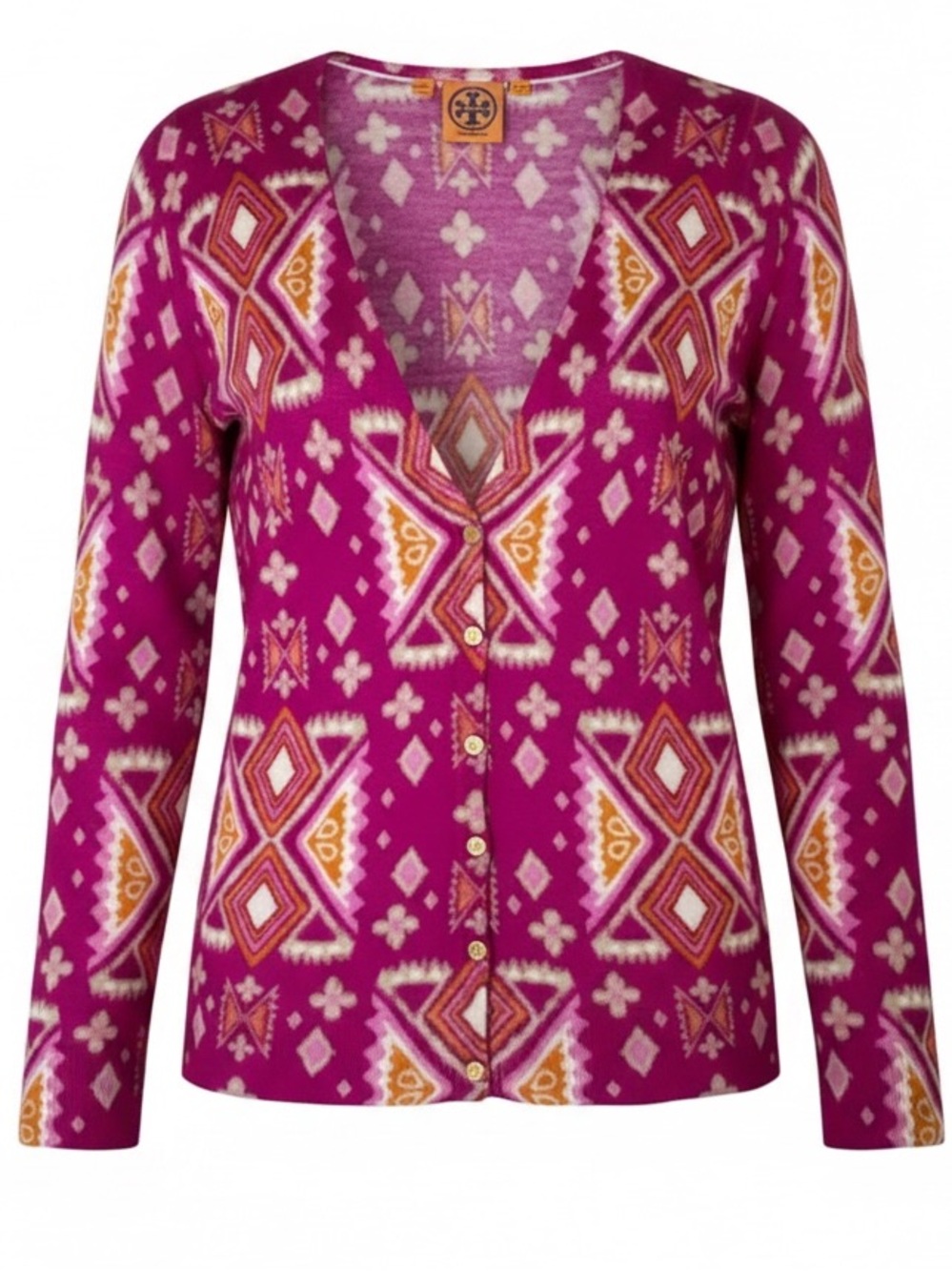 Tory Burch Merino Wool Cardigan Women’s Medium Pink Geometric Button Sweater